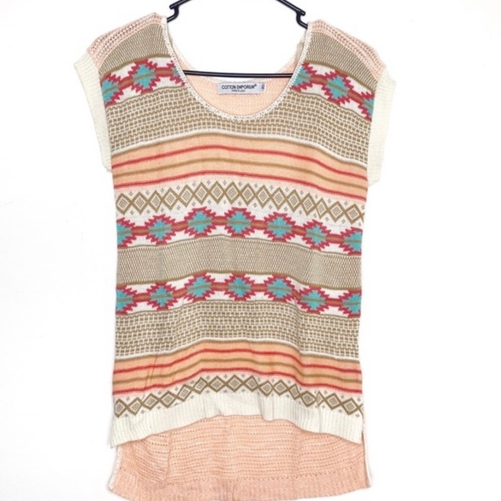 Cotton Emporium knit Aztec Bohemian short sleeve layering sweater
